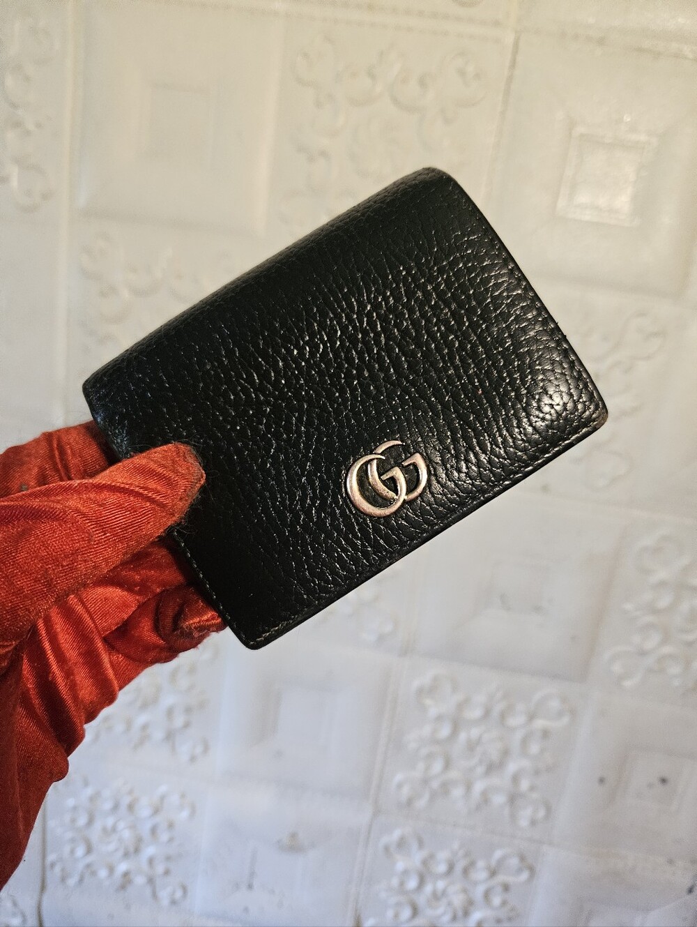 Gucci Marmont Interlocking Black Grained Leather  Card Wallet Authentic